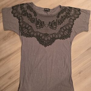 Elegant Gray Top with Black Lace Detail